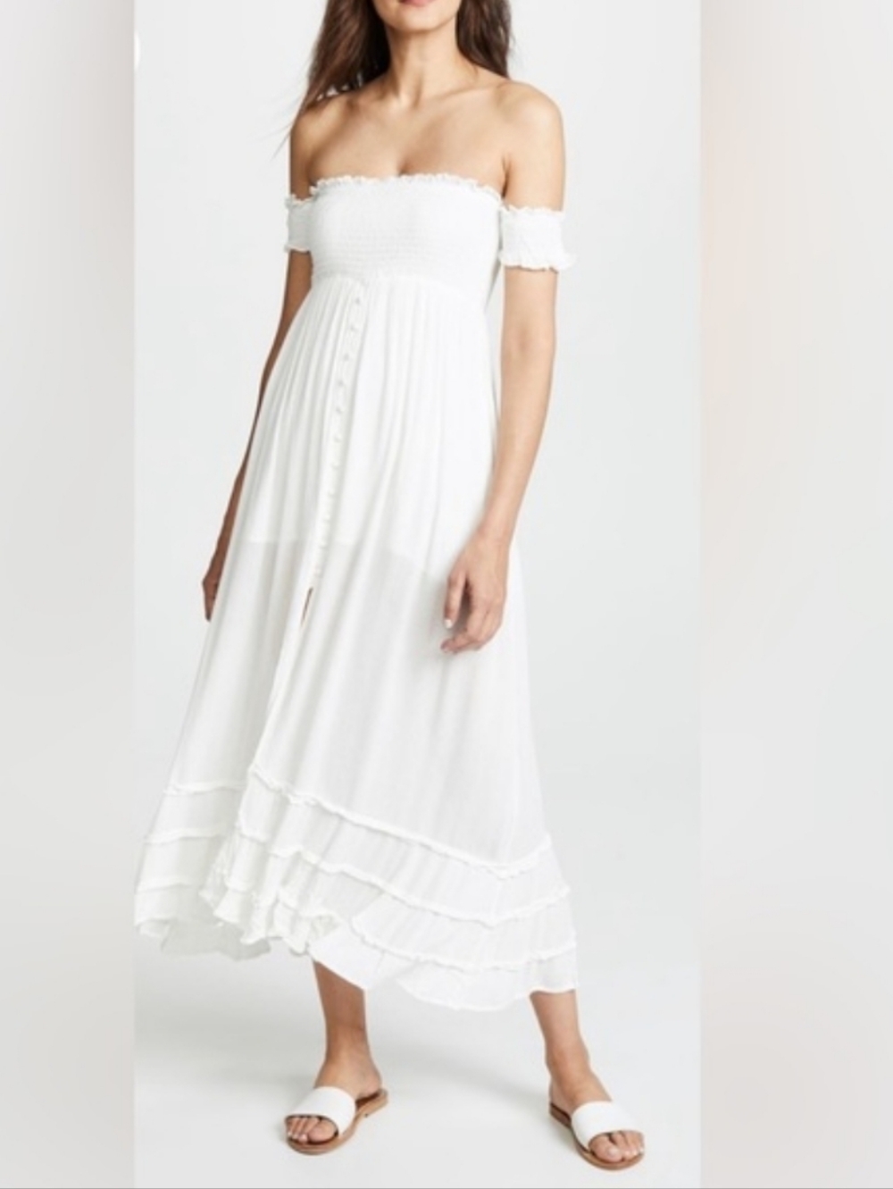 PilyQ White Off-Shoulder Midi Dress with Ruffle Tiers Size M/L Smocked Resort